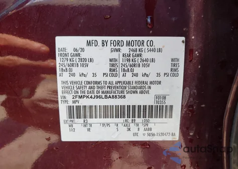 2020 Ford Edge Sel из США, поврежденный, VIN 2FMPK4J96LBA88368